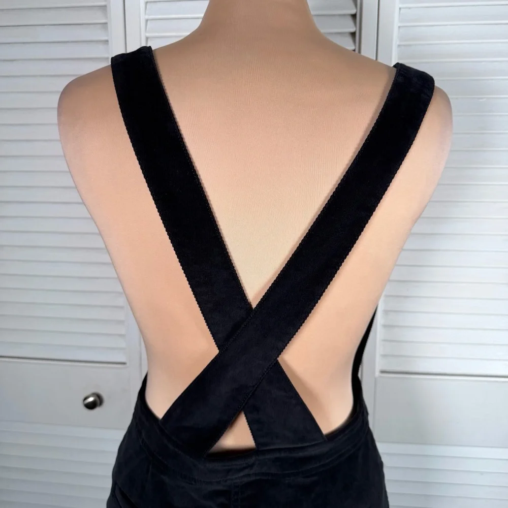Free People Corduroy‎ Pinafore Mini Dress Black Cross Back Button Front Size 6